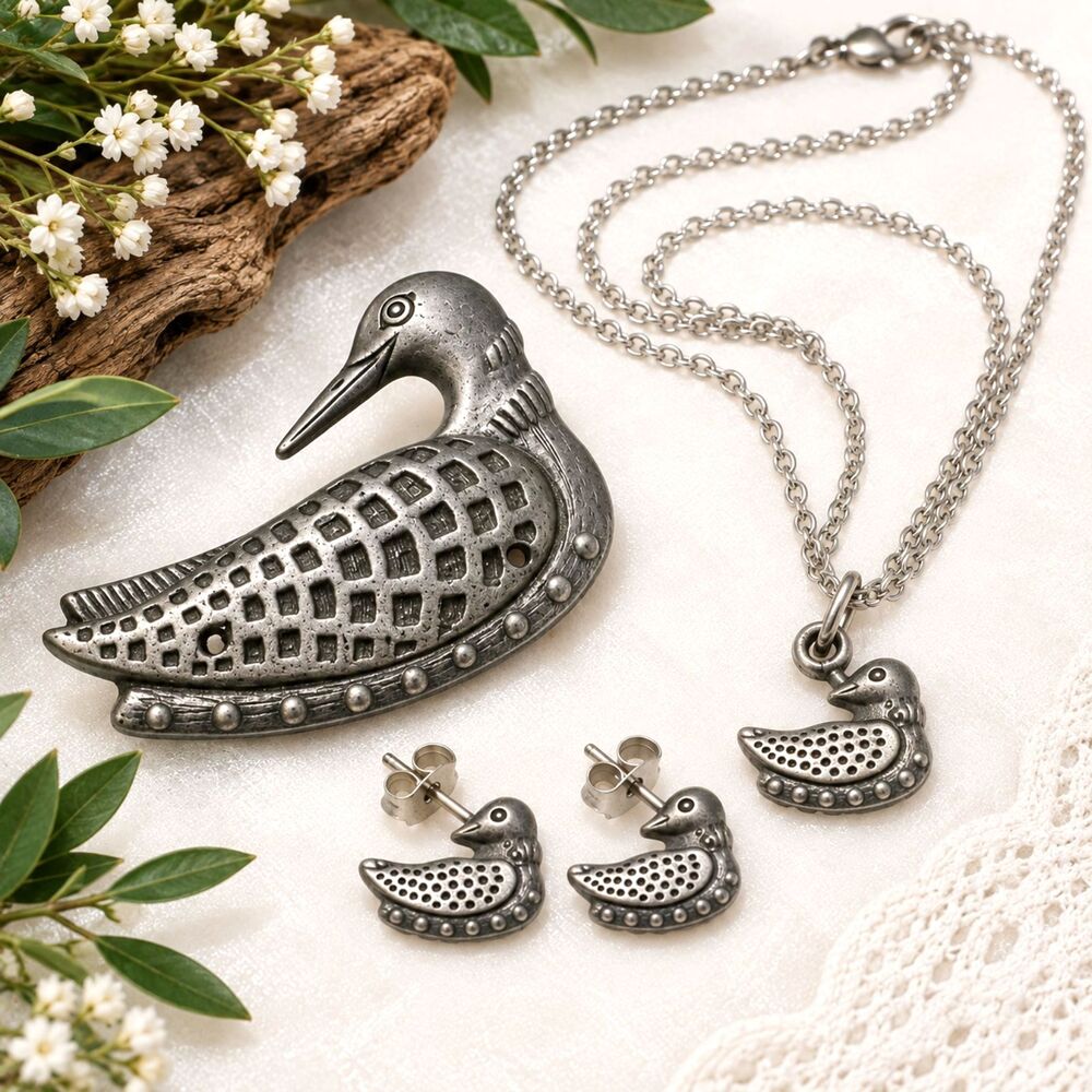 Vintage Pewter Duck Necklace Earring Brooch Demi Parure Set
